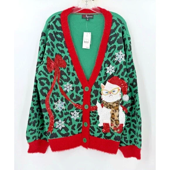 NEW 33 Degrees Women's XXL Green Red Cat Lover Ugly Christmas Sweater Party - Picture 6 of 15